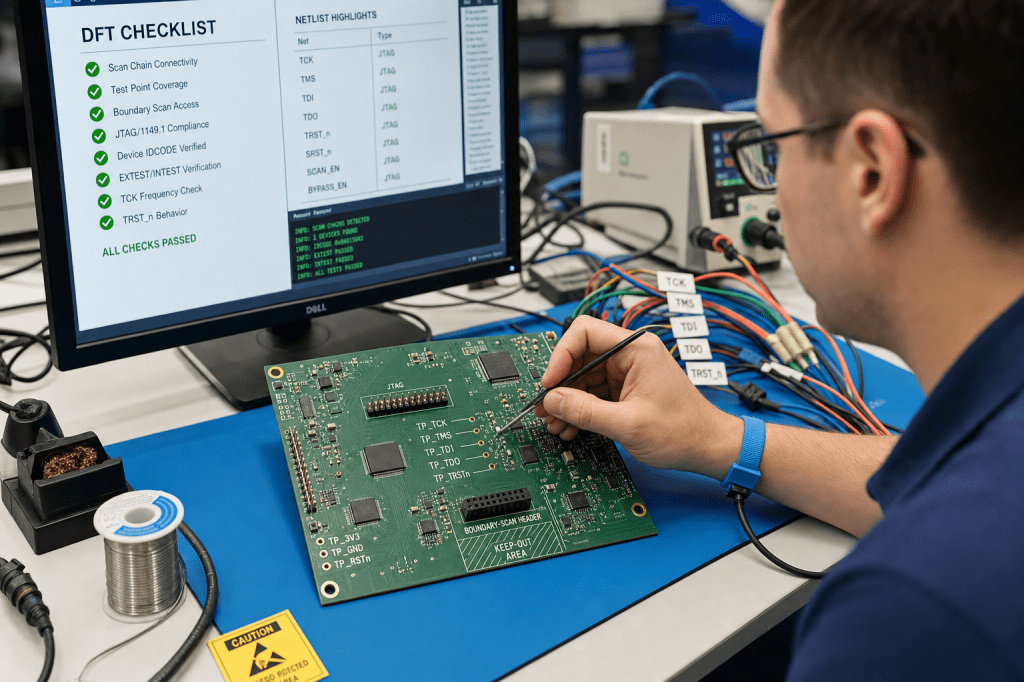 Hoe ontwerp je een PCB zodat hij goed testbaar is (DFT), inclusief testpunten, boundary-scan en fixture-vereisten?